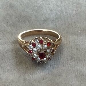 Vintage Gold Plated Red, Clear Rhinestone Ring, Size 7